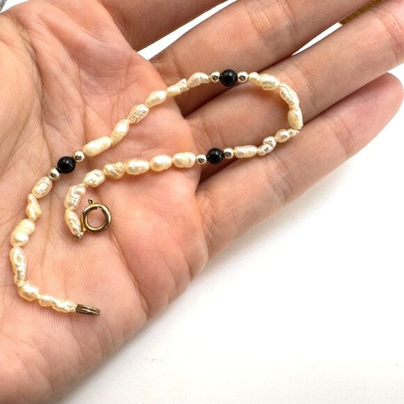 Biwa Pearl Cabochon Black Onyx Beaded Bracelet Spring Ring Clasp 7.25" Length - Picture 2 of 11